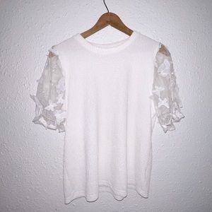 White blouse, puff sleeve, 3D butterfly detailing